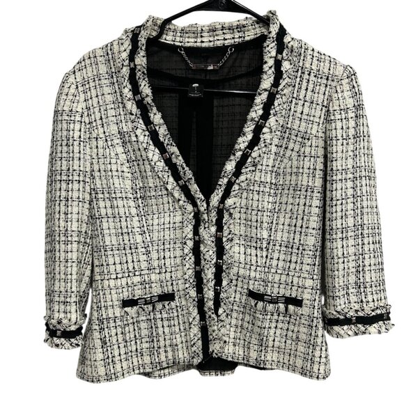 White House Black Market Tweed Blazer Black Raw Trim Hook Closure Size 2 - Picture 1 of 10